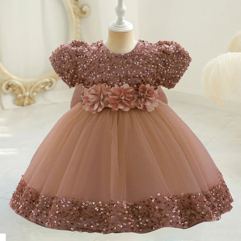 Toddler Baby Sequin Party Dresses Baptism Wedding 1 Year Birthday Bow Princess Dress For Baby Girls Lace Bridemaid Gown Vestidos