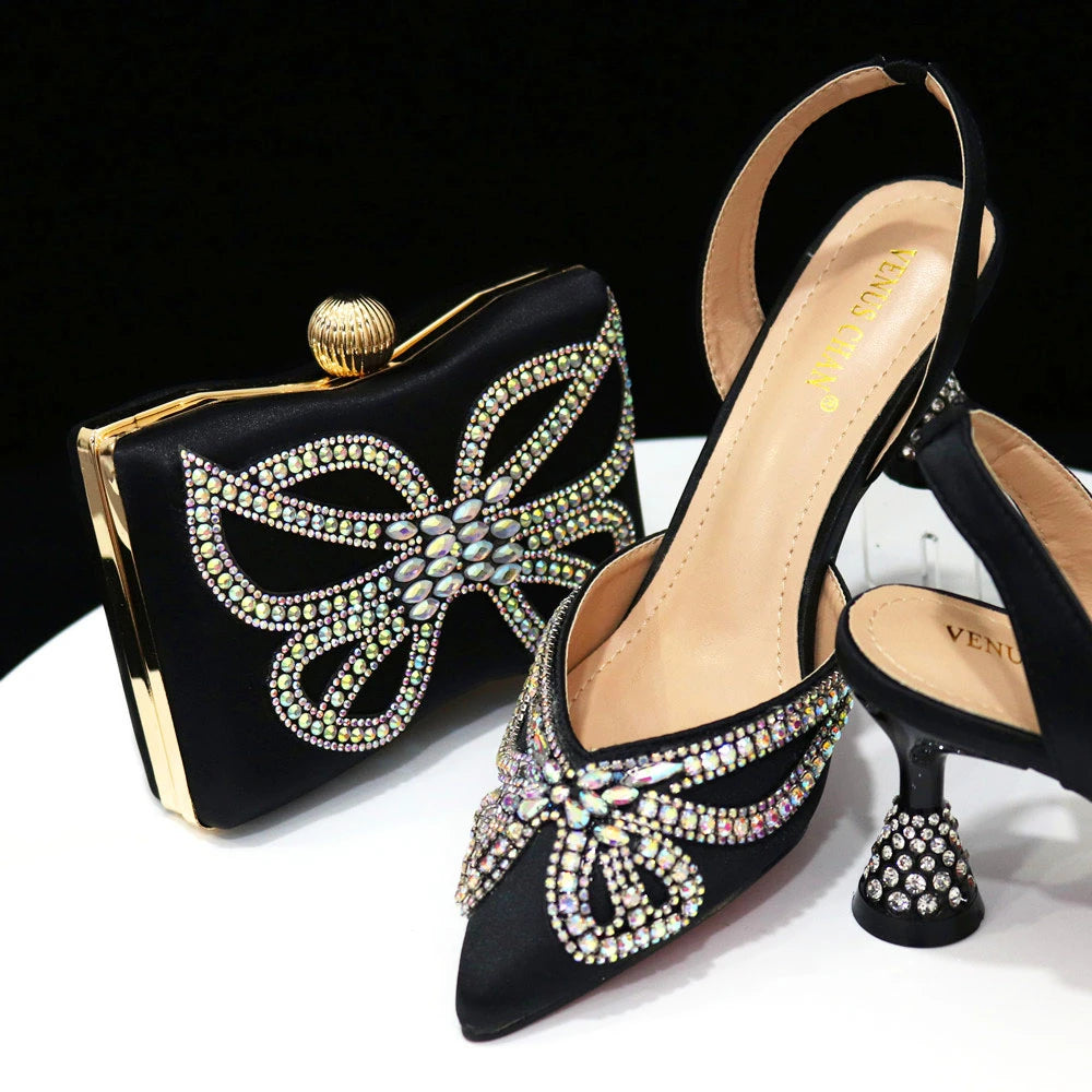 Venus Chan New Elegant Green Bling Bow Pointed Toe Pumps for Women 2024 Party italian Rhinestones shoes and bags matching set