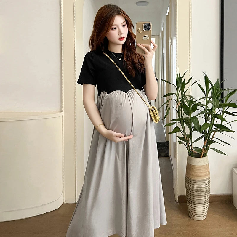 2025 French Style Pregnant Women Elegant Dress Plus Size Long Sleeve O-Neck High Waist Maternity A-Line Dress Long Loose Clothes