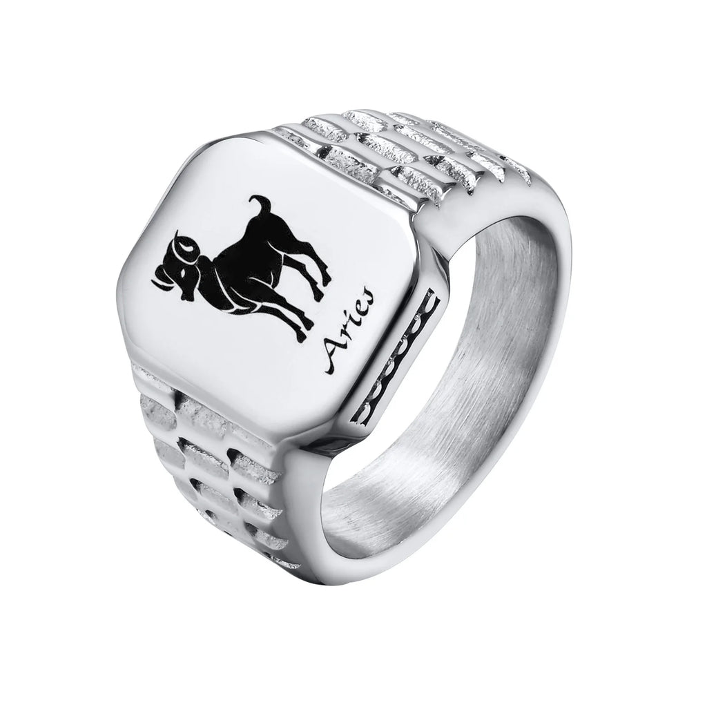Free Custom 12 Zodiac Signet Rings for Men,Personalized Stainless Steel Finger Birthday Gift to Dad Father Husband Son