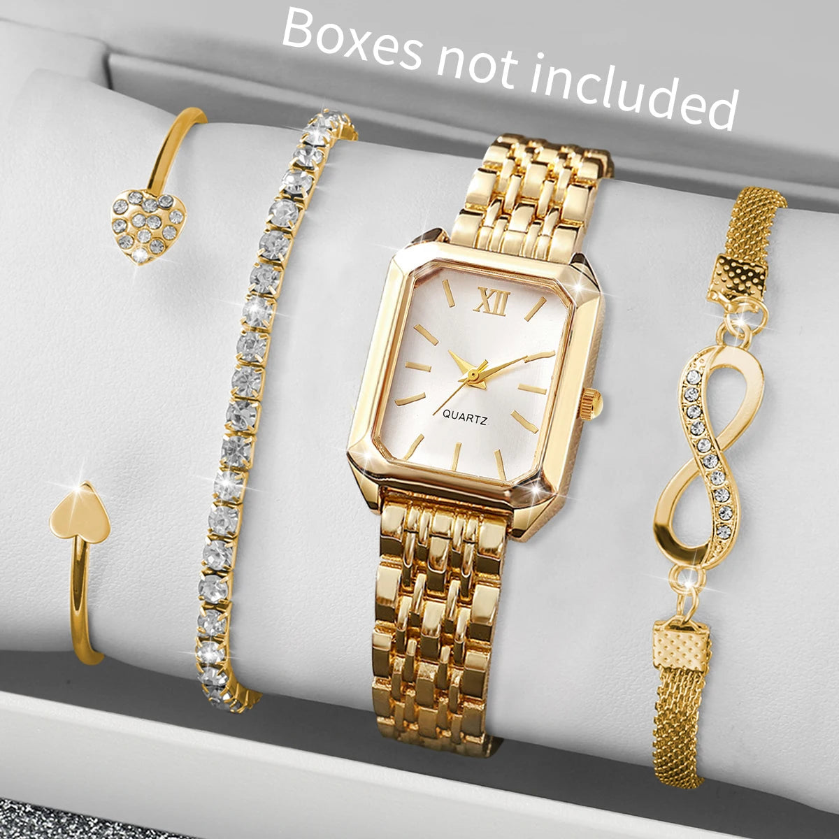 4PCS Fashion Women Watches Rhinestone Bracelets Set Elegant Rectangle Ladies Roma Quartz Wristwatch Reloj Mujer(Without Box)