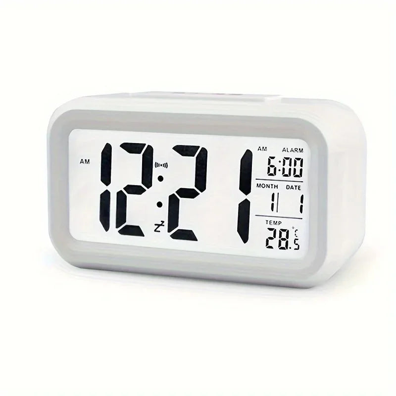 Smart Digital Alarm Clock with Intelligent Light Sensor Large LCD Screen Display Date Temperature Snooze Mode Silent Desktop Electronic Clock for Bedroom Bedside Kids Gift