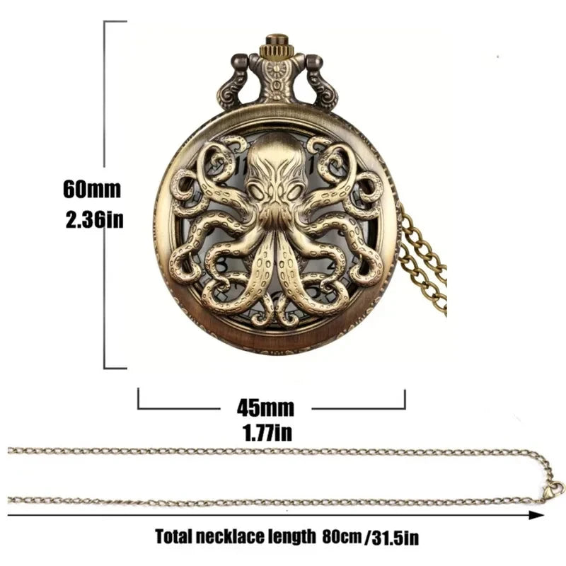 Retro Bronze Octopus Pocket Watch Necklace Vintage Steampunk Quartz Timepiece Gift for Him