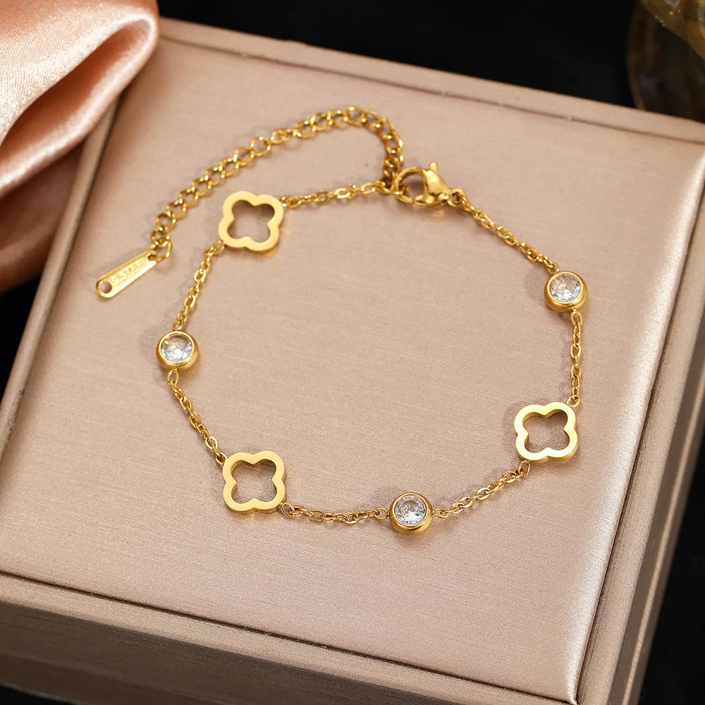 Classic Hollowed-out Four-leaf Flower Zircon Inlaid Stainless Steel Bracelet Trendy Party Clover Jewelry Gift For Women