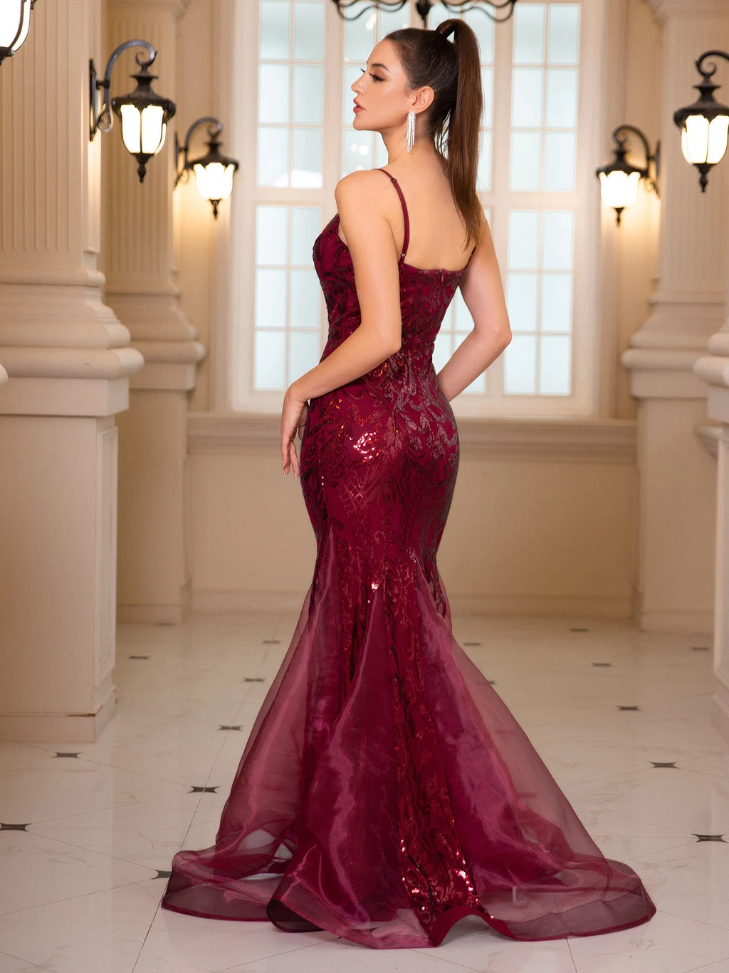 Sleeveless V Neck Sequined Organza Mermaid White Wedding Party Dress Backless Floor Length Evening Prom Gown
