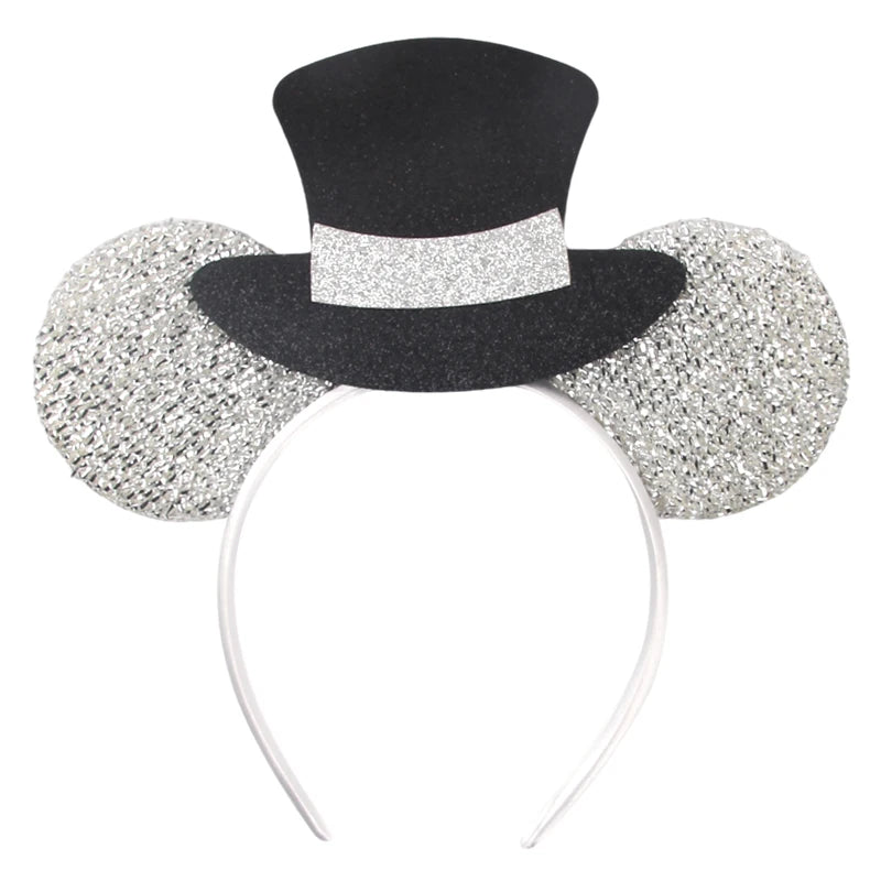 White Day Mouse Ears Headband With Veil Sequins 5"Bow Headwear For Women Festival Hairband Single Party DIY Hair Accessories