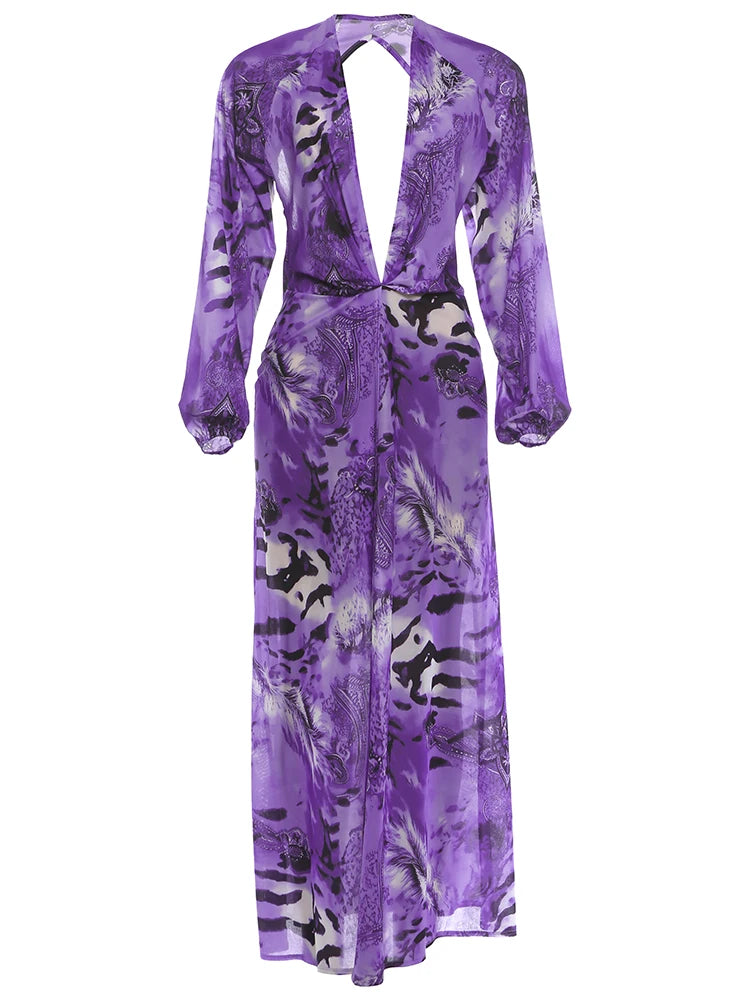 Sisterlinda Backless Long Dress Woman Autumn Trend Deep V-Neck Tiger Stripe Print Lantern Sleeve Beach Party Elegant Vestidos