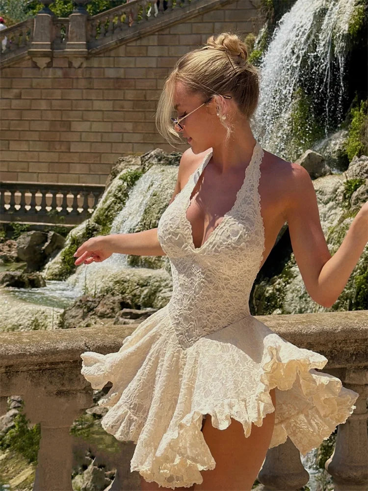 V Neck Halter Lace Mini Dress Women Fashion Waist Cinched A Line Robe Backless Sleeveless Short Vestidos Summer Lady Dresses