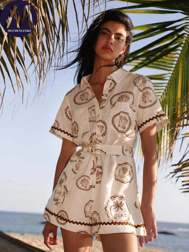 Women's Summer Jumpsuit 2025 Summer New Elegant Print Three Quarter Sleeve Lace Up Jumpsuits Fashionable Casual Loose Jumpsuits