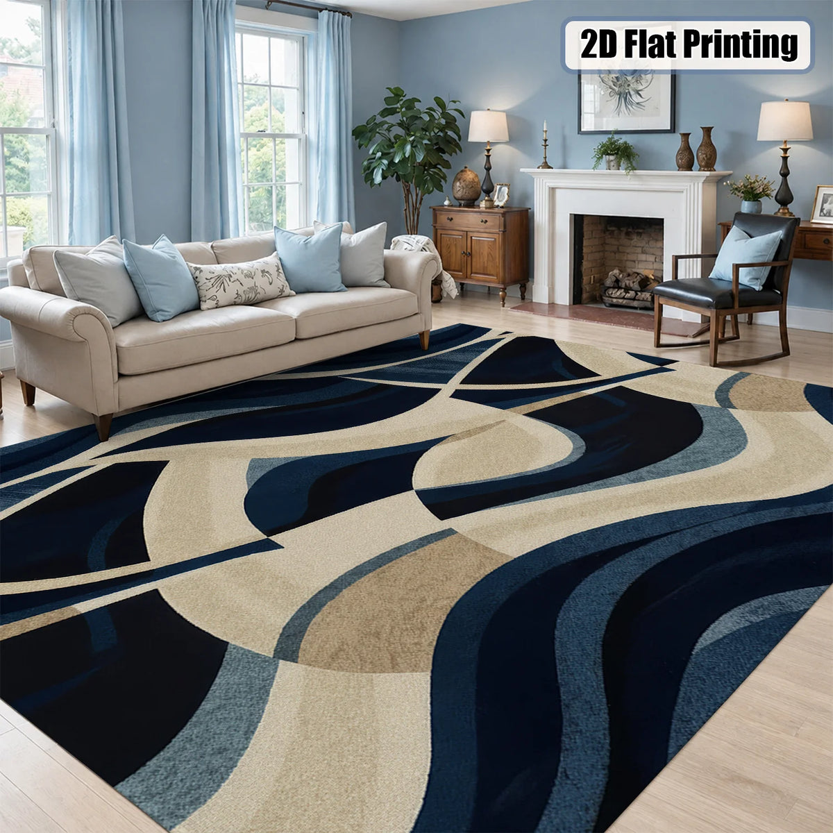 Large Indoor Area Rug, Soft Velvet Low Pile, Non-slip Dotted Backing, Machine Washable, Abstract Wavy Navy & Beige Pattern for Living Room and Bedroom