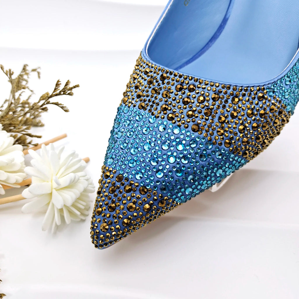 New Italian Design Stylish And Elegant Sky Blue Rhinestone Embellished Satin Pointy Toe Pumps And Clutch Bag