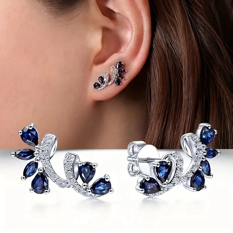 Shining Blue Zircon Flower Earrings for Women's Temperament, Banquet Jewelry, Anniversary Gift