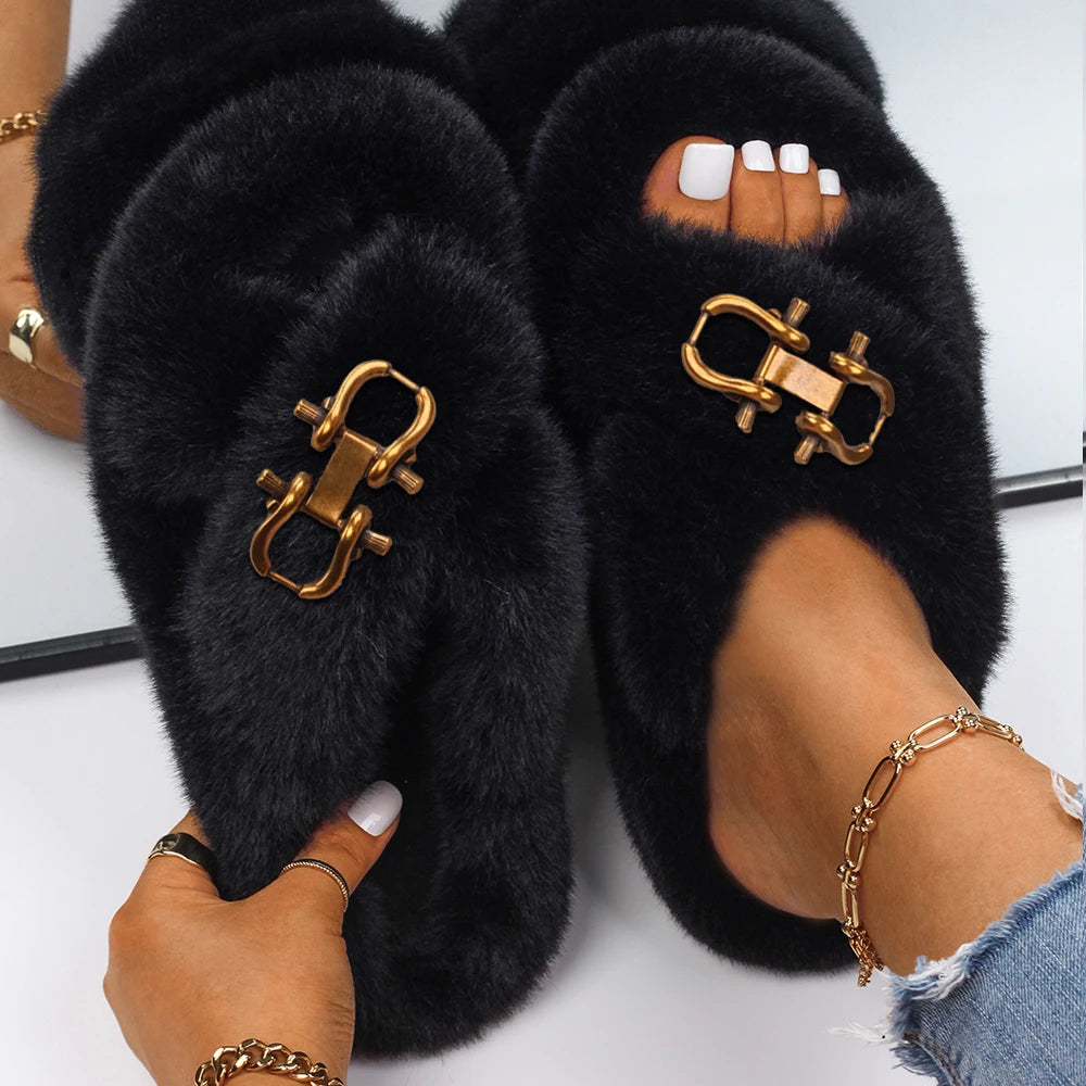 Fashion Slippers Women Buckle Decor Furry Slides Ladies Fluffy Flip Flops Luxury Designer Fur Sandals Cute Slippers Casual Shoes