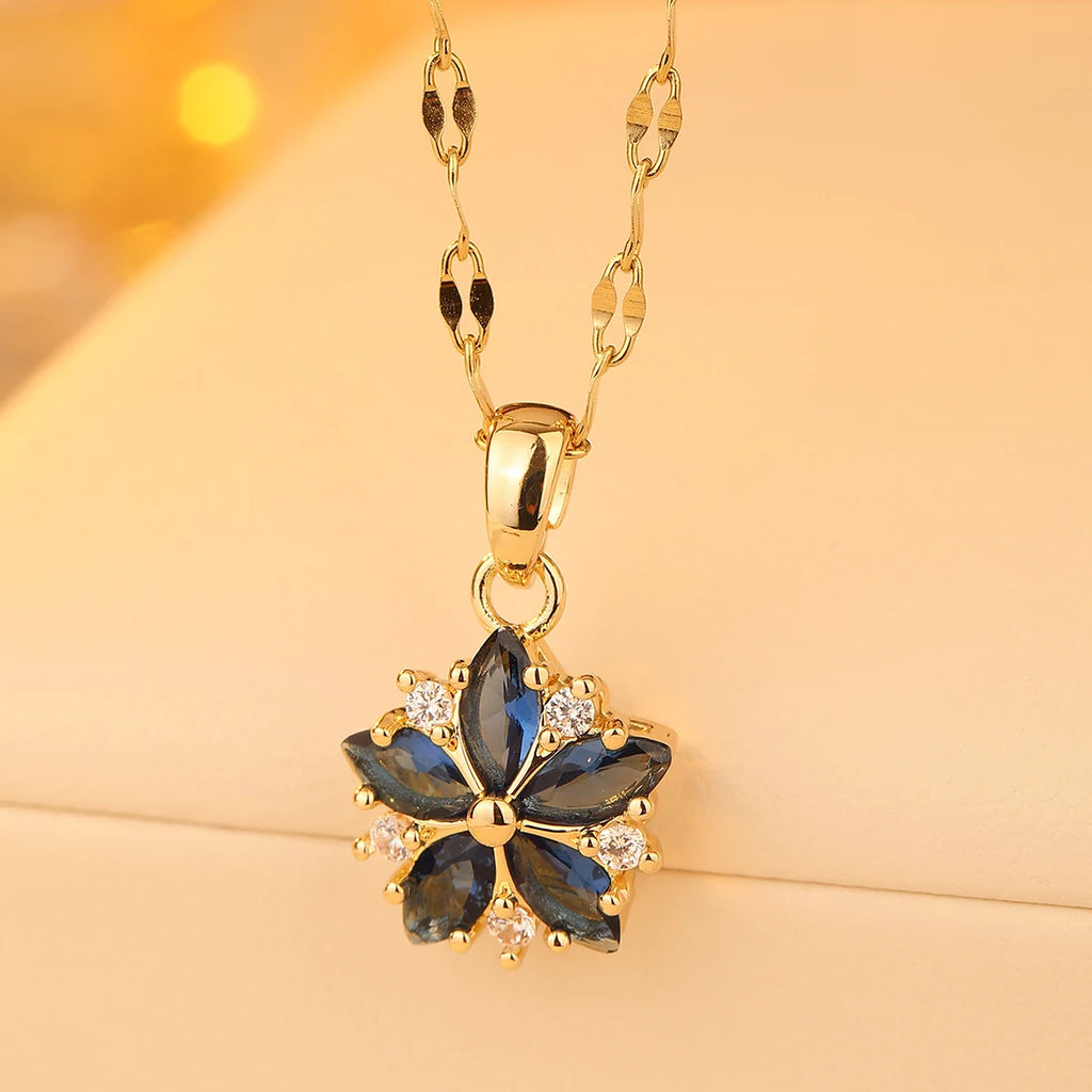 New Sweet Pink Cherry Blossoms Pendant Stainless Steel Necklaces For Women Korean Fashion Temperament Clavicle Chain Jewelry