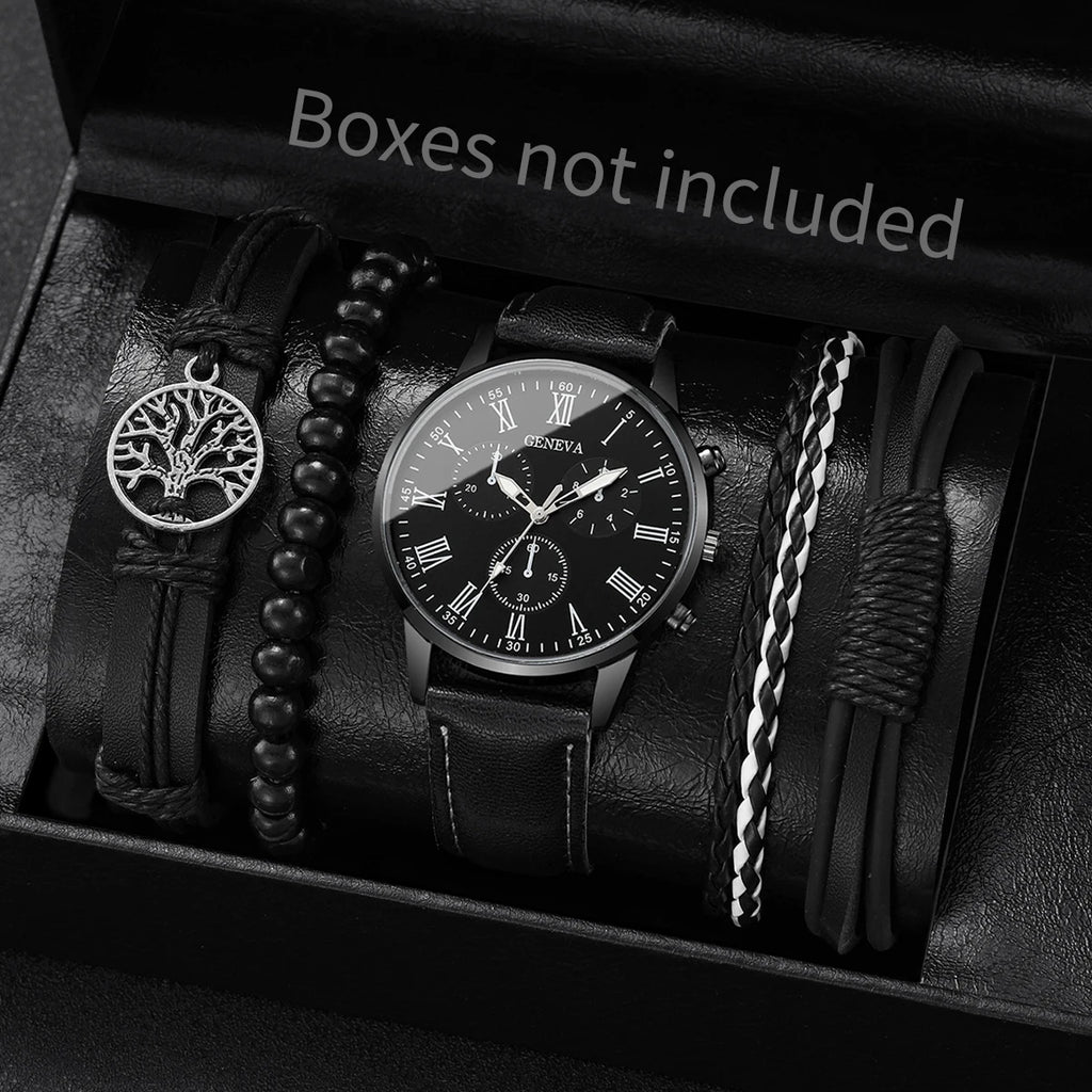 4/5PCS Fashion Men's Watches Man Business Quartz Wristwatch Vintage Leather Bracelets Set Reloj Hombre（Without Box）