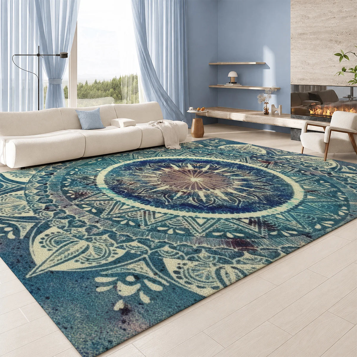 Large Indoor Area Rug, Soft Velvet Low Pile with Non-Slip Dotted Backing, Machine Washable, Blue Boho Mandala Pattern, Great for Living Room, Bedroom, Entryway Home Decor