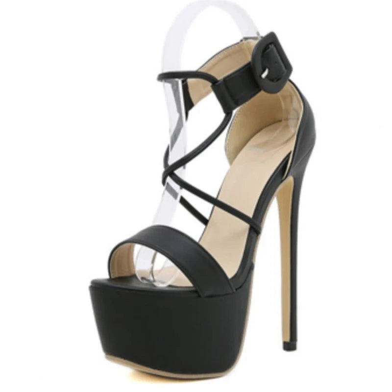 Aneikeh 2025 Sexy High Heel Women Shoes Open Toe PU Solid Ankle Buckle Strap Platform Sandals Ladies Nightclub Party Dress Pumps