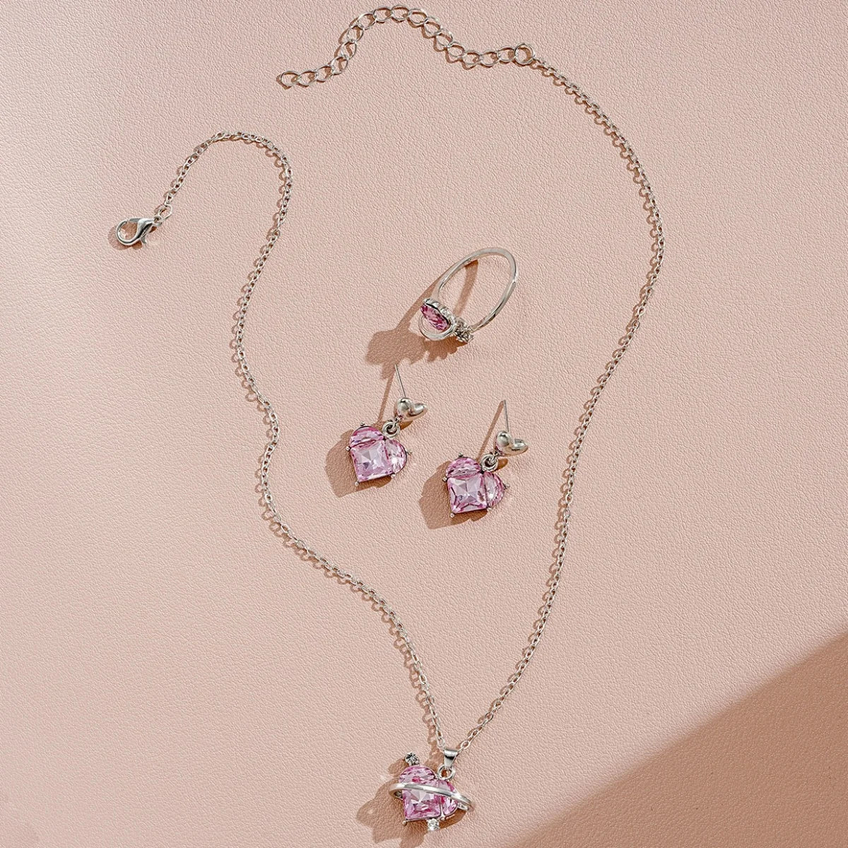 4 Pieces Love Pink Crystals Sweet Earrings Necklaces And Rings Jewelry Set Lightweight And Versatile For Women Mother's Day Gift