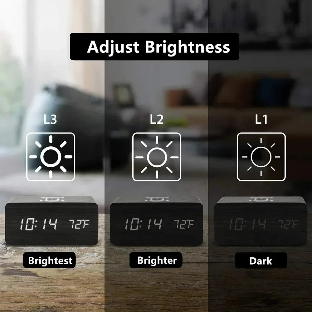 Wooden Digital LED Alarm Clock with Wireless Charging Time Date Temperature Display Desk Bedside Clock for Office