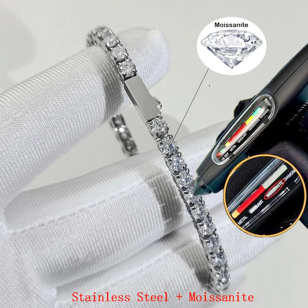 3/4/5mm Bling VVS1 Moissanite Tennis Chain Stainless Steel Bracelet Necklace For Men Women Pass Diamond Tester Hip Hop Jewelry