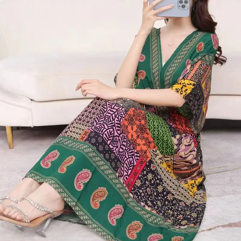 2025 Summer New Casual Elegant Retro Bohemian Style V-neck Elastic Waist Large Swing Printed Long Skirt Autumn Summer Dress