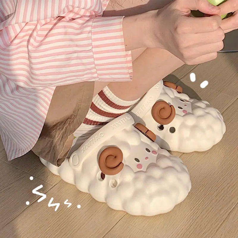 Mo Dou Women's Home Slippers Soft EVA Sandals Non-slip Toe-wrapped Lovely Cartoon Sheep for Men Cozy Parent-child Breathable