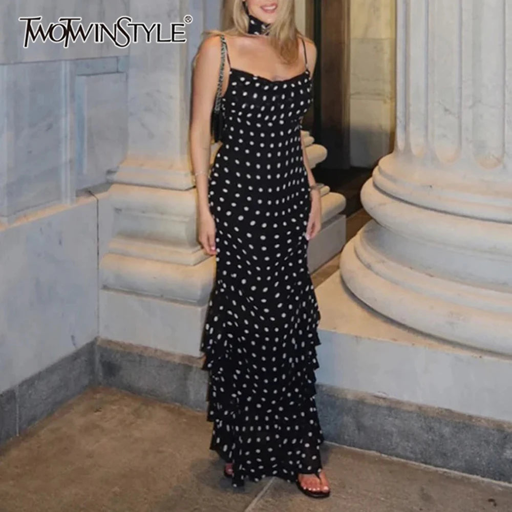 TWOTWINSTYLE Hit Color Slimming Dresses for Women Square Neck Sleeveless High Waist Temperament Long Dress Female Fashion Style