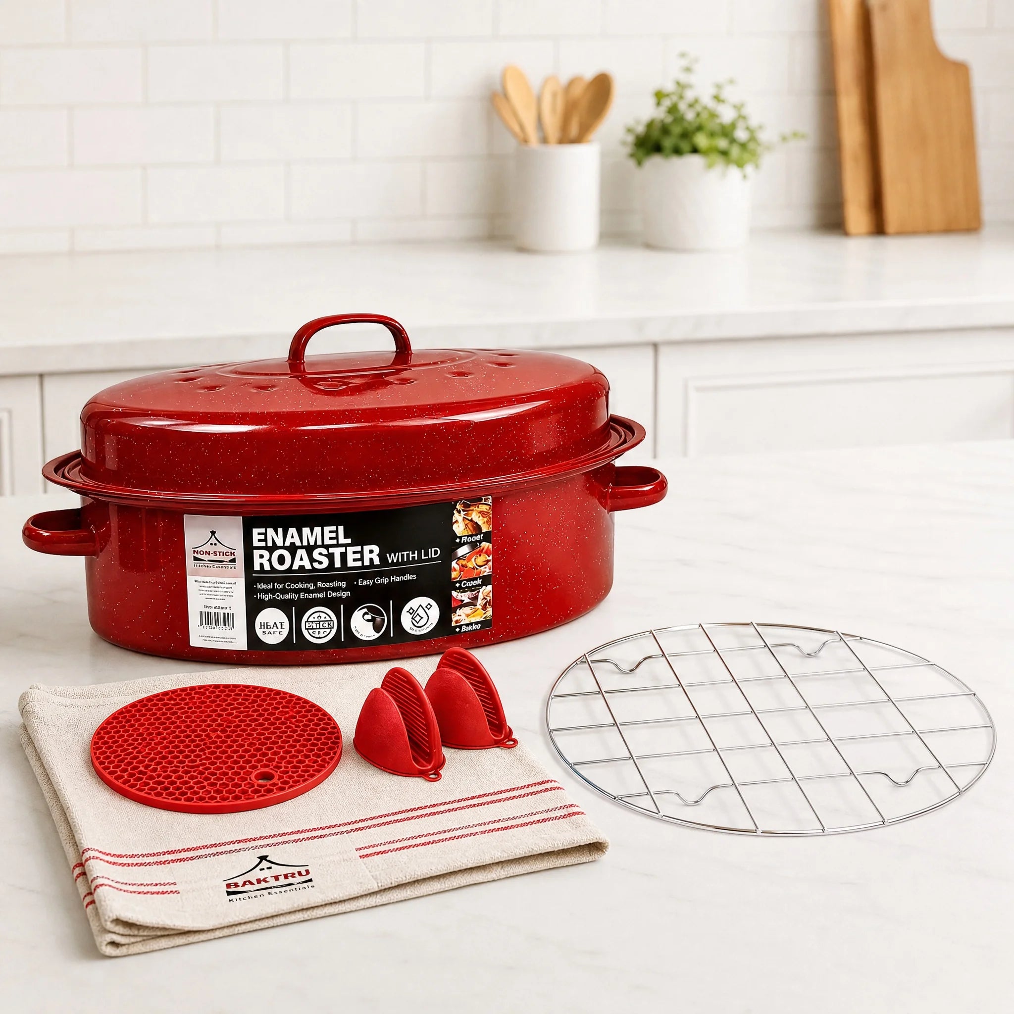 16 Inch Roasting Pan with Lid-Covered Oval Roaster-Enamel Carbon Steel Roaster Pot-Excellent Heat Distribution and Non-sticky - for Turkey Chicken Meat & Vegetables -Birthday and Holiday Gifts