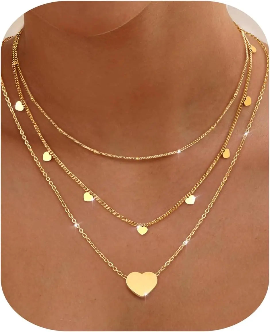 Bobisty 3Pcs Necklace for Women Stainless Steel Waterproof Chain Adjustable Layered Necklace Set Coin Heart Choker Jewelry Gift