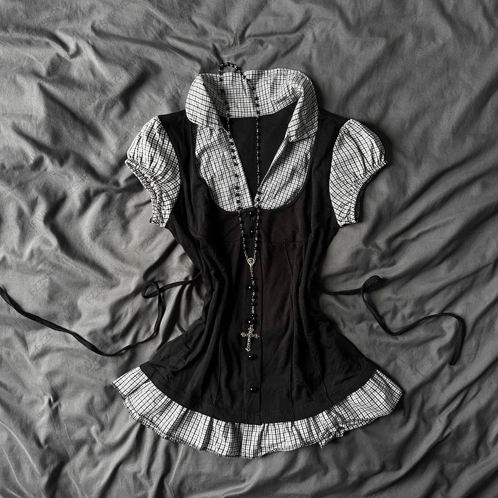 Y2K Gothic Punk subculture slim-fit short-sleeved top lace decoration streetwear high street fashion Harajuku women's clothing