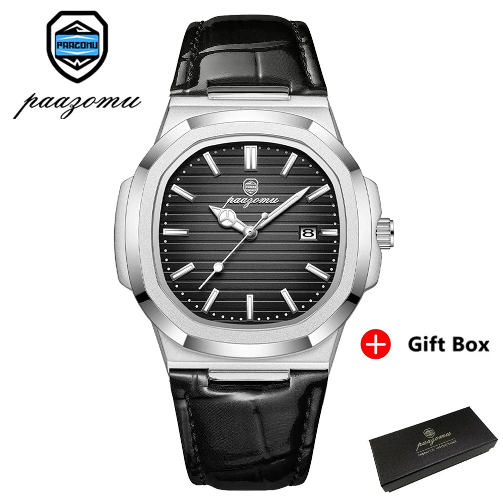 PAAZOMU Top Luxury Square Man Watch Date Waterproof Luminous Men Wristwatch High Quality Leather Men's Quartz Watches+Box Reloj