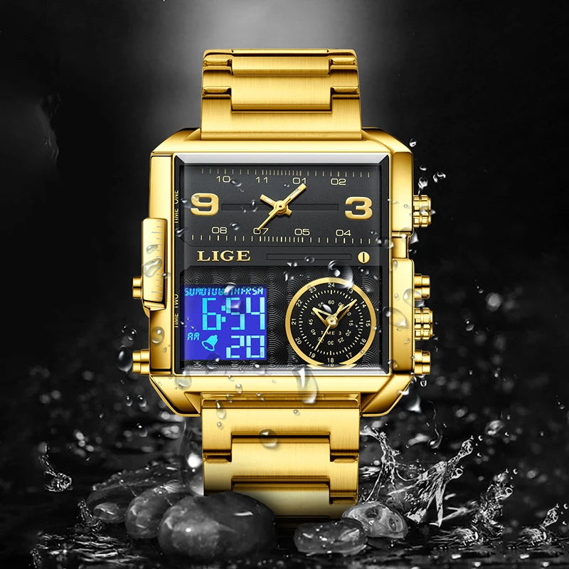 LIGE New Top Brand Luxury Fashion Men Watches Gold Steel Sports Square Digital Analog Big Quartz Watch for Man relogio masculino