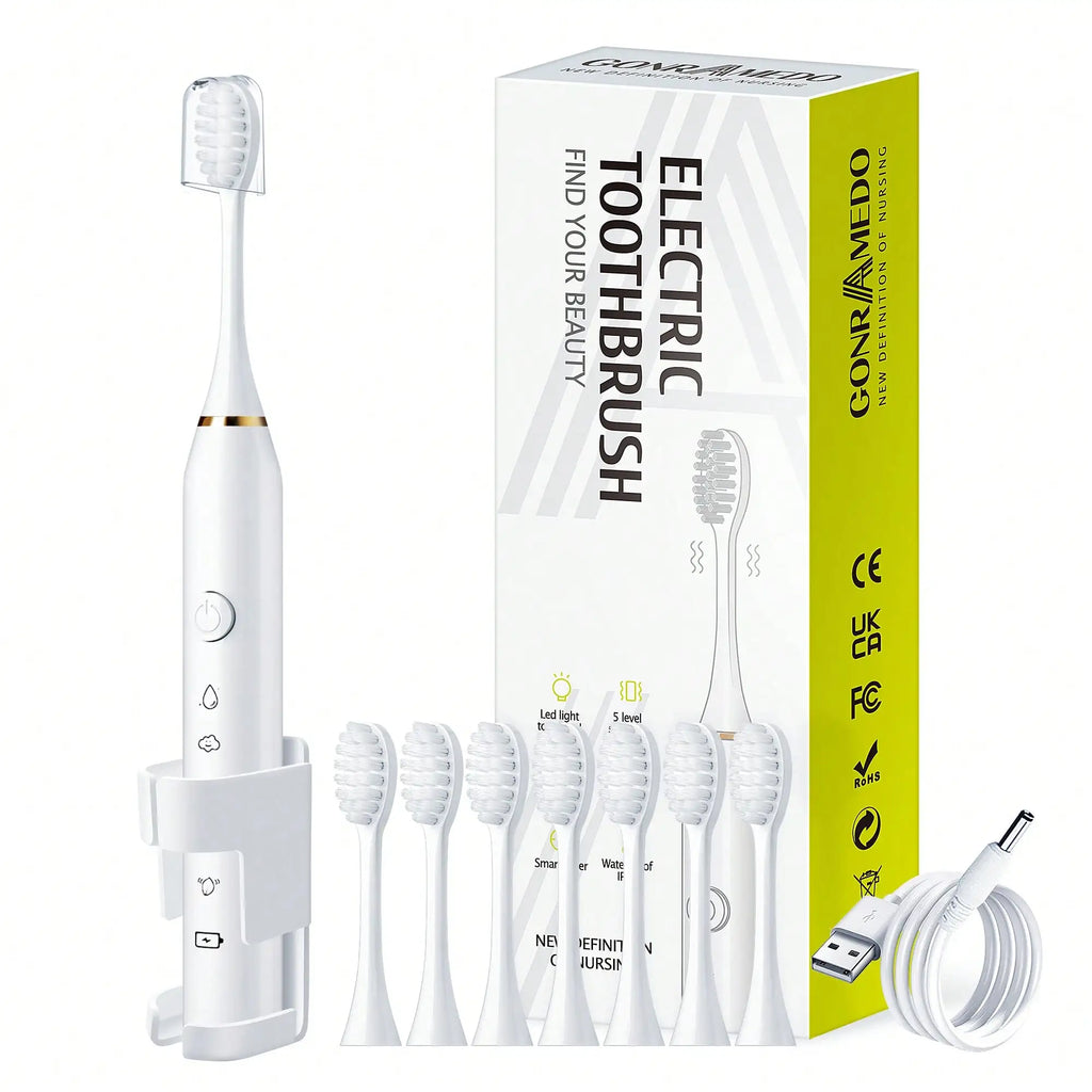 1PC Electric Toothbrush With 8 Replaceable Toothbrush Heads, A Wall-Mounted Bracket And A Dust Cover, USB Charging, 5-Speed Intelligent Cleaning Mode, Toothbrush Body, 7-Level Waterproof, Personal Oral Care Equipment Power To