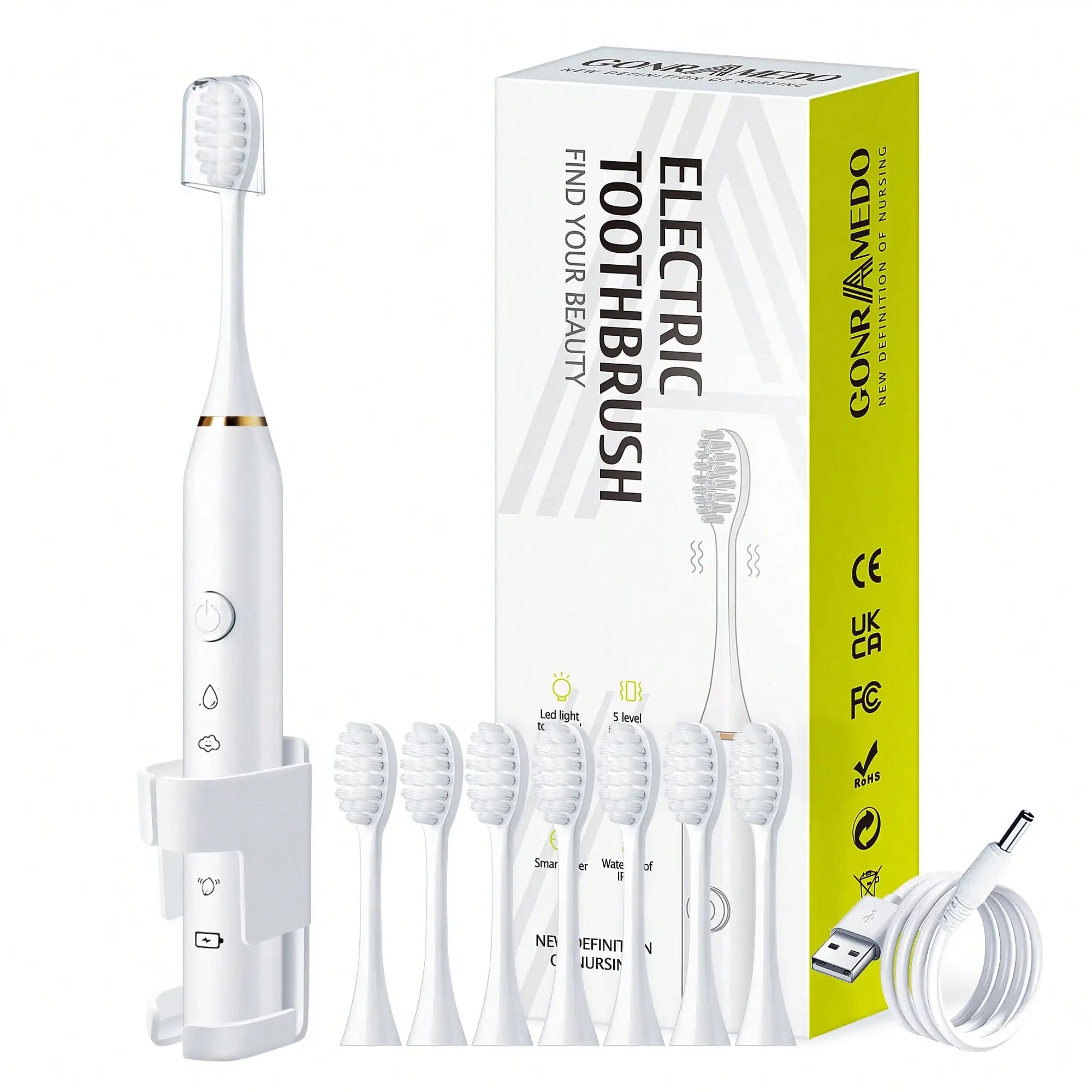 1PC Electric Toothbrush With 8 Replaceable Toothbrush Heads, A Wall-Mounted Bracket And A Dust Cover, USB Charging, 5-Speed Intelligent Cleaning Mode, Toothbrush Body, 7-Level Waterproof, Personal Oral Care Equipment Power To