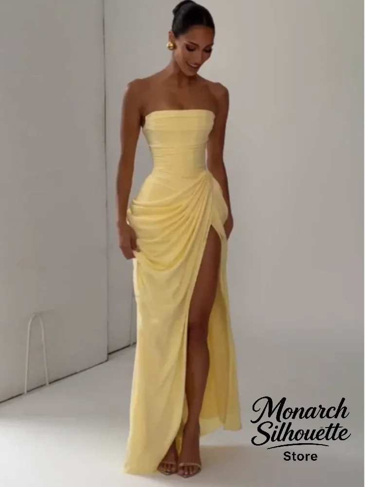 Elegant Yellow Strapless Pleated Long Dress Women Chic Solid Sleeveless Waist Cinching Split Gown 2026 Lady Evening Party Robes