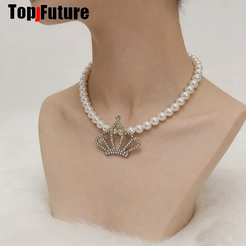 Subculture Spice Y2K Harajuku Gothic Mars Gal Women Gorgeous Crown Pearl Party Lolita Cosplay Punk Necklace Girl Collar