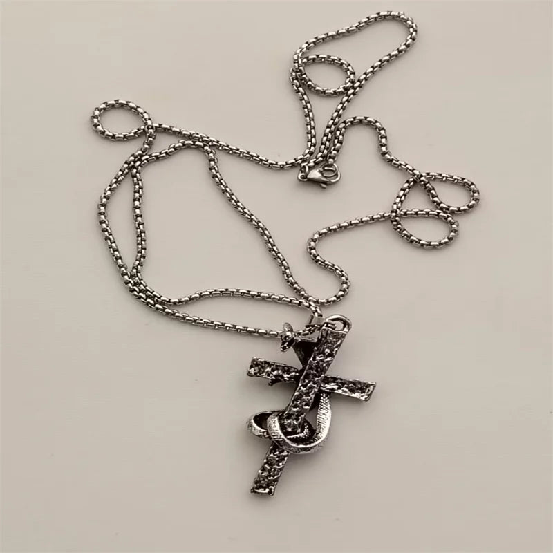 Vintage Cross Pendant Necklace Unisex Versatile Simple Long Sweater Chain Hip Hop Accessory