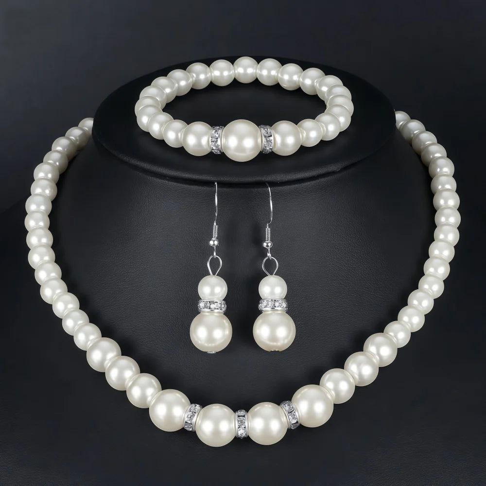 3 PCS Imitation Pearl Fireball Necklace Bracelet Earring Stud Jewelry Set Silver Color Crystal Stone Elegant Bridal Jewelry Gift