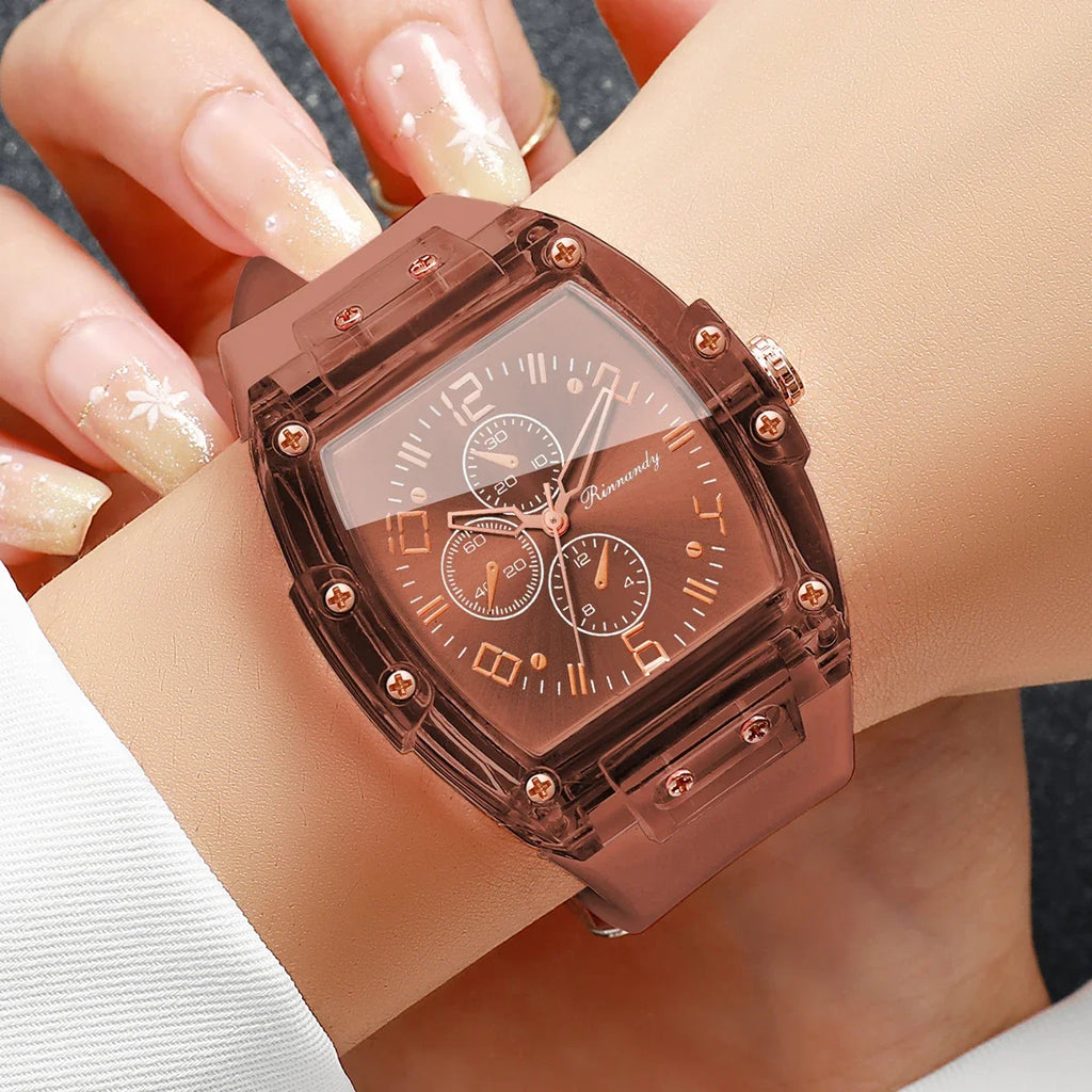 Stylish Women Quartz Watch Brown Silicone Strap Tonneau Dial Students Sports Wristwatches Relogio Feminino（Without Box）