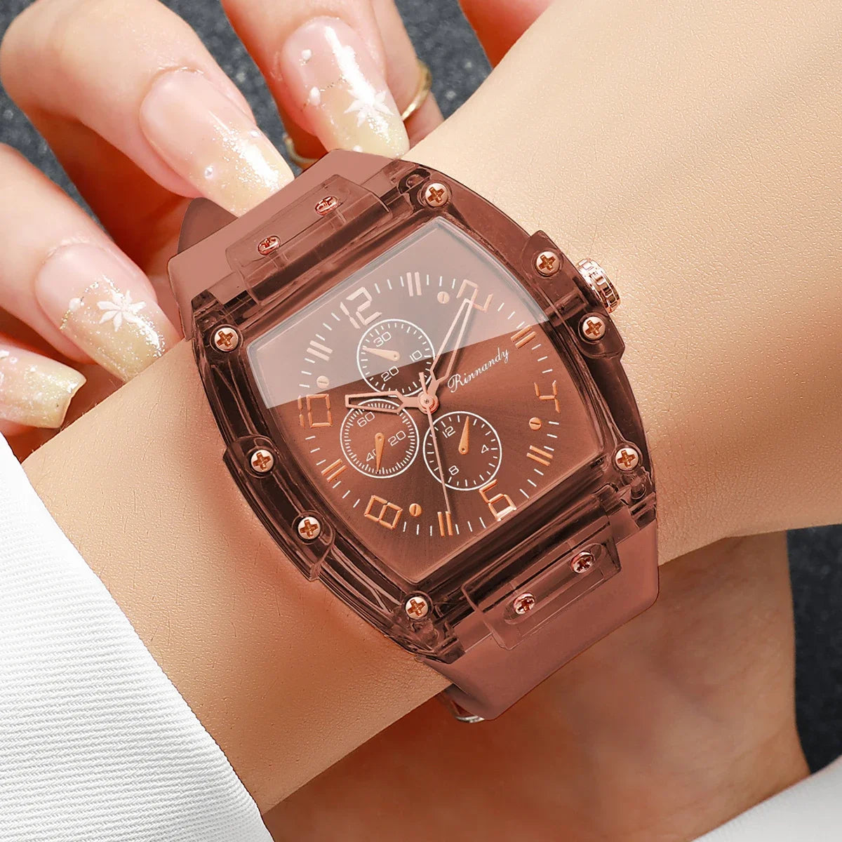 Stylish Women Quartz Watch Brown Silicone Strap Tonneau Dial Students Sports Wristwatches Relogio Feminino（Without Box）
