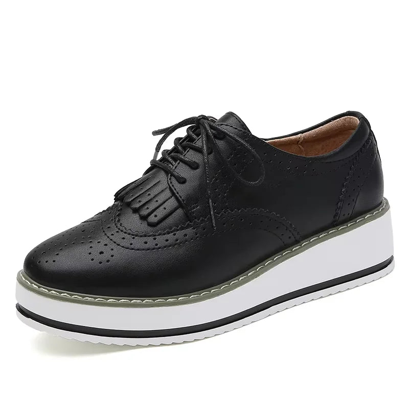 EOFK Spring Autumn Women Derby Platform Flats Brogue Leather Lace up Classic Bullock Footwear Gold Female Oxford Shoes Lady