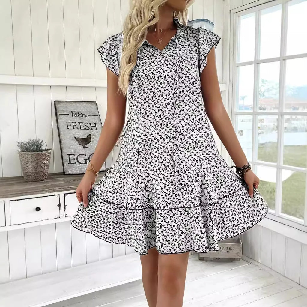 2025 Elegant Women's Casual Loose Ruffle Mini Dress Bohemian Printed V-neck Lace-up Small Flying Sleeve Dresses For Women S-3XL