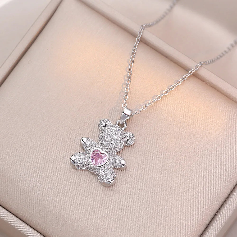 High end Cute Teddy Bear Pendant for Women, Delicate and Shiny Animal Necklace, Korean Popular Jewelry Gift for Girlfriends
