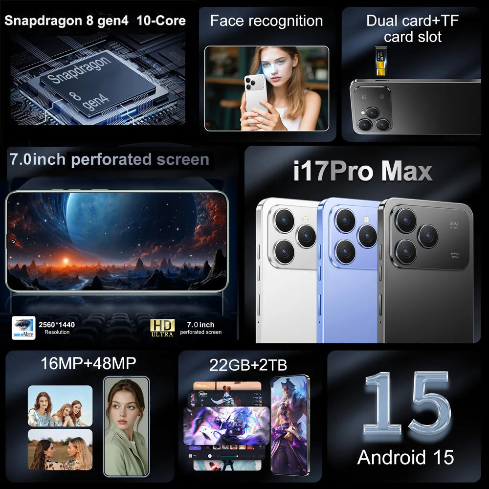 2026 NEW For i17 Pro Max Smartphone Original 7.0HD Cellphones 5G Dual Card Mobile Phones 8000mAh Android 15 Unlocked Cell Phone
