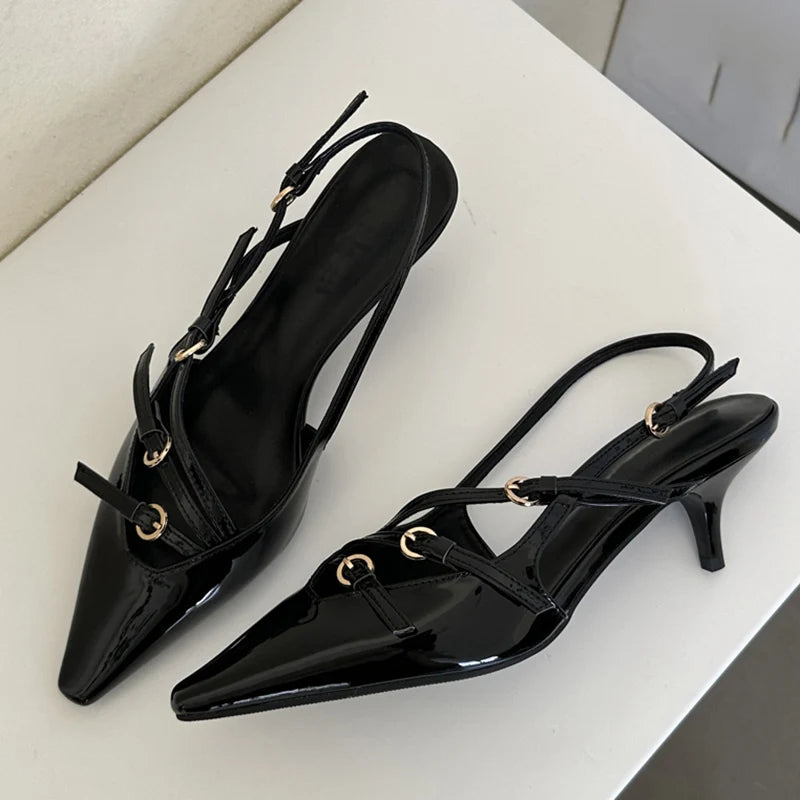 Aneikeh 2026 Designer Buckle Strap Narrow Band Pumps Women Sexy Pointed Toe Thin Heels Wedding Banquet Dress Mule Ladies Shoes