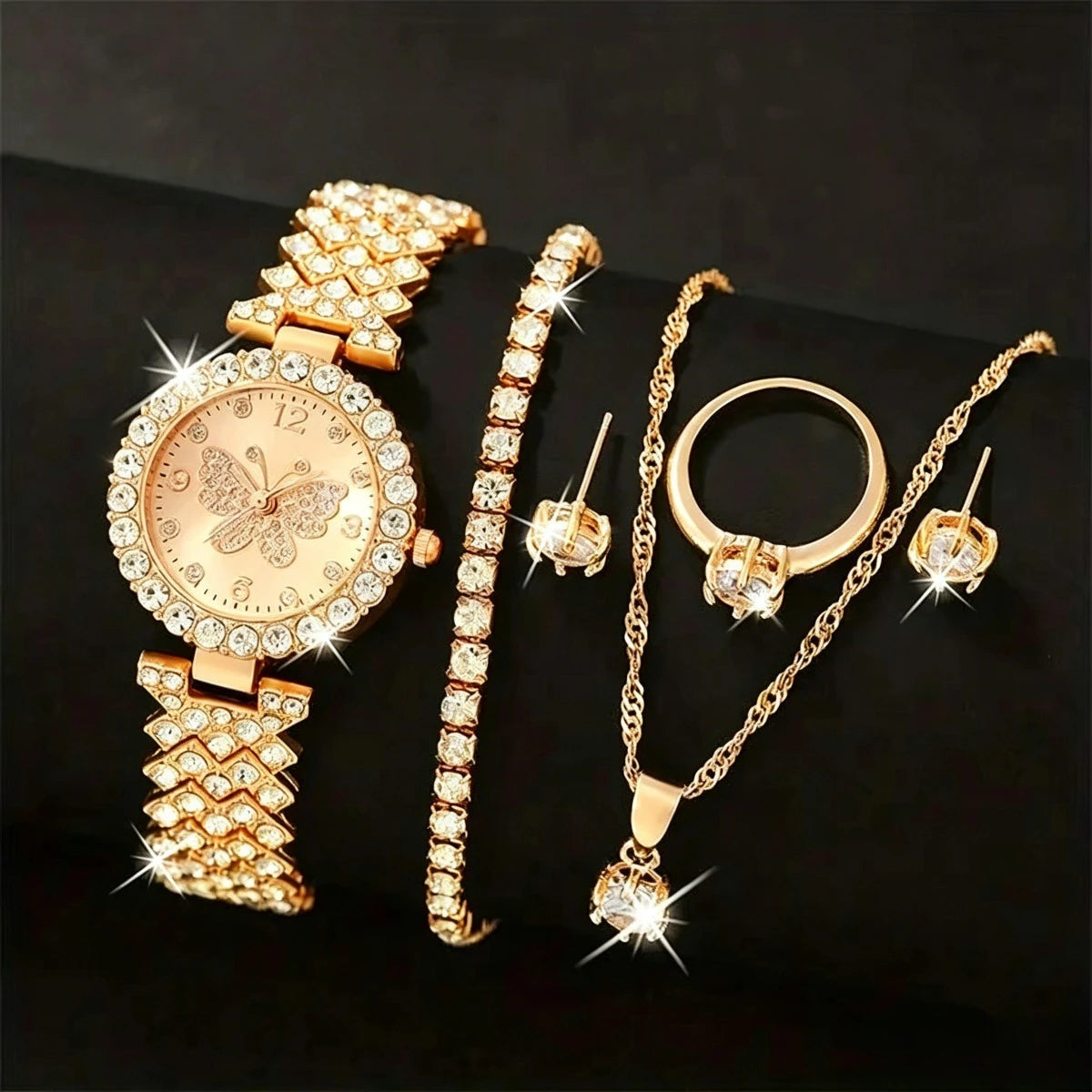 6PCS/Set Luxury Rhinestone Butterfly Women Quartz Watch Fashion Ladies Bracelet Strap Quartz Wristwatch Jewelry Set（Without Box）