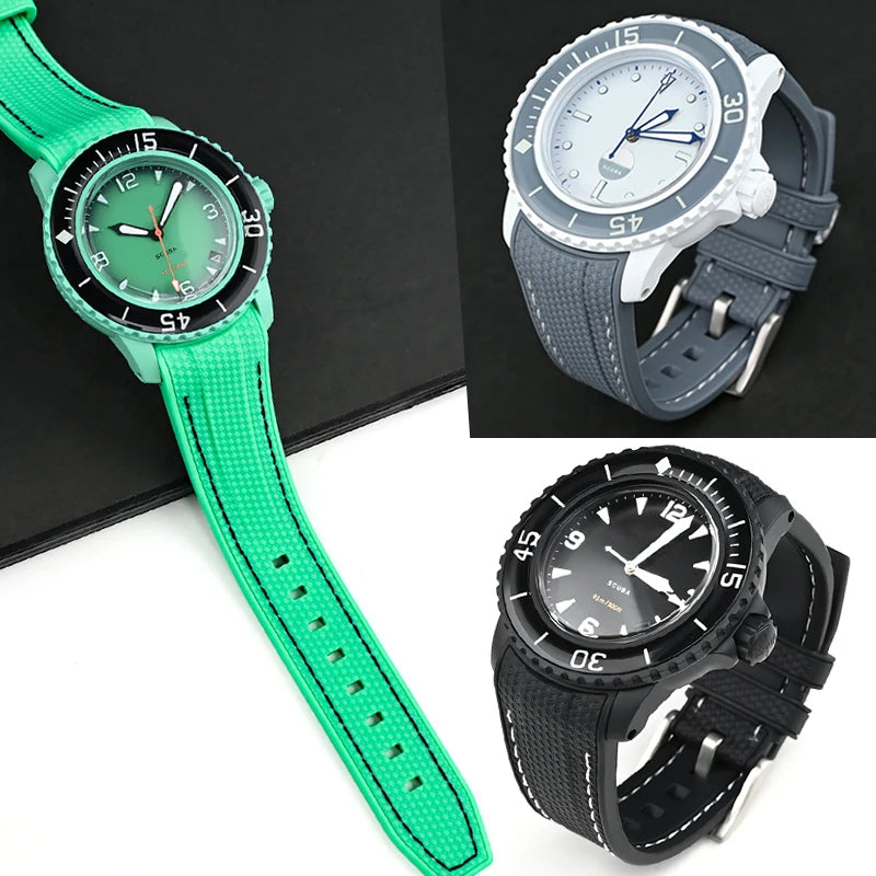 Rubber Silicone Watch Band for Swatch X Blancpain GREEN ABYSS Curved End Waterproof Sport Woven Pattern Strap Bracelet 22mm