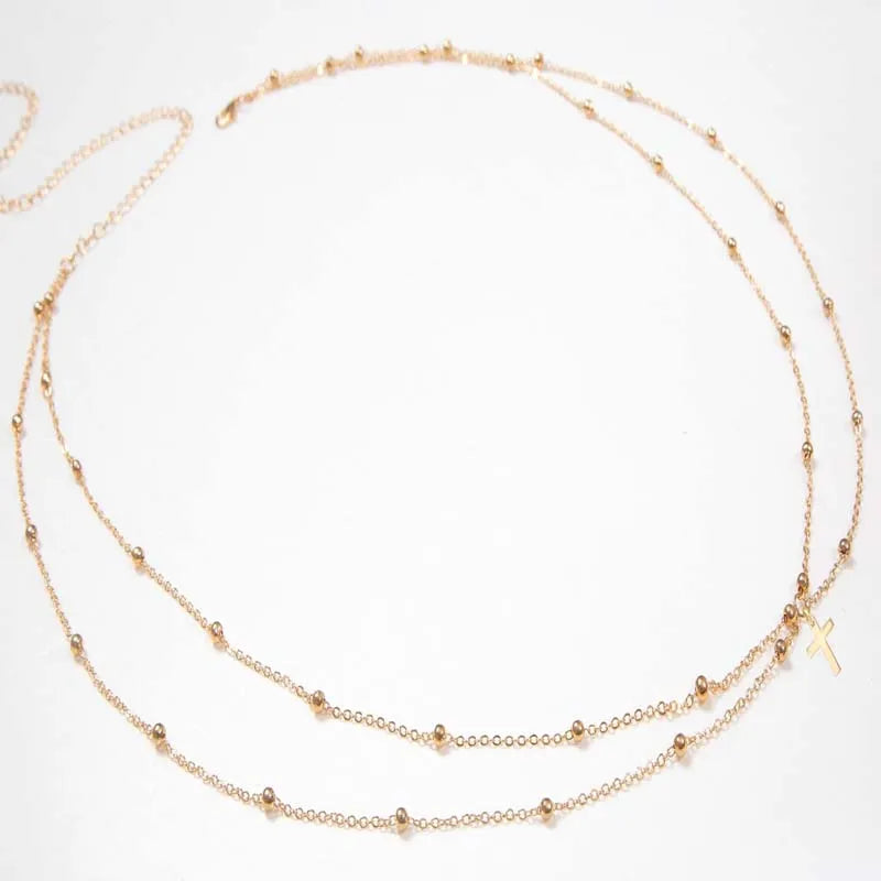 Fashion Double Layer Beaded Waist Chain for Women Simple Gold Color Metal Cross Round Bead Body Chain Bikini Jewelry Acessories
