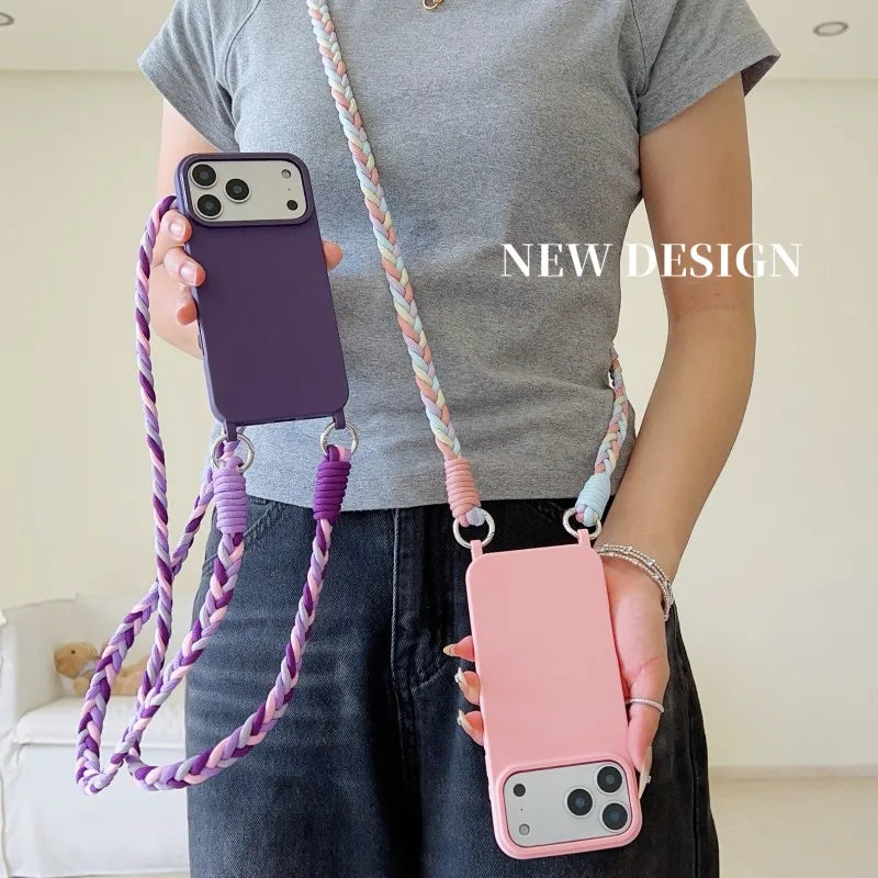 Fashion Lanyard Case For iPhone 17 Pro Max 18 14 12 11 13 15 16 Plus Air Shockproof Candy Crossbody Neck Cord Braid Strap Cover
