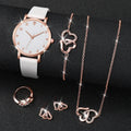 6PCS/Set Fashion Women's Watch Leather Band Quartz Watches Double Heart Jewelry Set(Without Box)